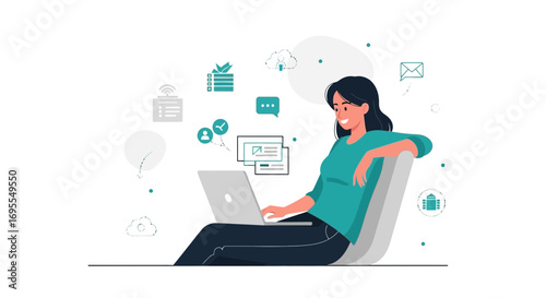 Woman Working Remotely With Laptop, Managing Tasks and Digital Communication Perfectly