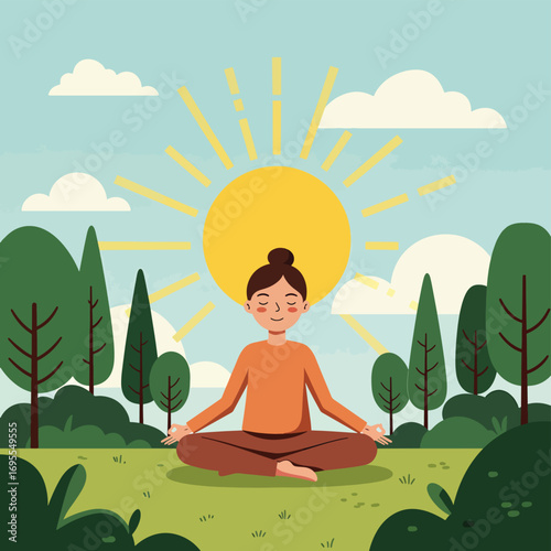 Serene flat design illustration of a child meditating peacefully under a bright sun, surrounded by lush trees and a soft, cloudy sky. Tranquil nature scene.