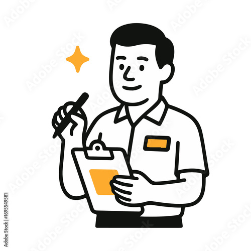 Flat vector illustration of delivery worker writing on clipboard. Black line outline style. Isolated logistic, shipping, report and transport service concept