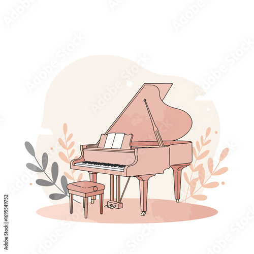 Serene watercolor illustration of an elegant grand piano amidst gentle foliage, evoking tranquility and artistic inspiration. Flat design vector art.