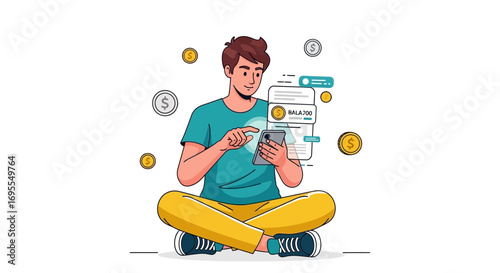 Young Man Meditating and Managing FinTech Platform Using Smartphone and Gaining Money