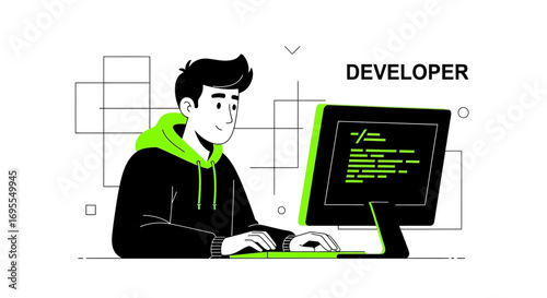Young Programmer Concentrating on Code Creation with Modern Interface and Black Hoodie