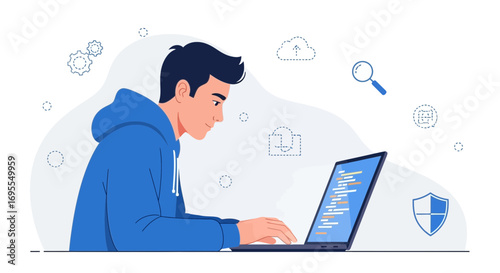 Young Programmer Working on Computer, Illustrating Digital Code, and Modern Technological