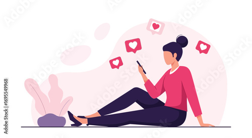 Young Woman Reclining Utilizing Smartphone App Earning Many Social Media Hearts