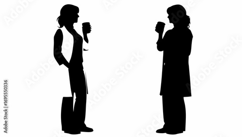 Two women silhouettes facing each other while holding cups in a black and white studio shot image