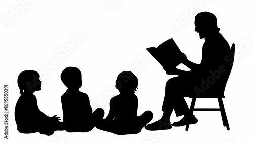 A silhouette of an adult reading a book to three children who are sitting on the floor listening intently