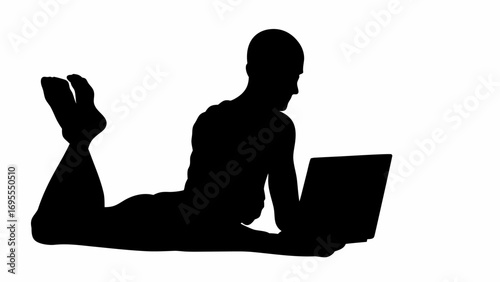 Silhouette of a person lying down using a laptop on a white background in a horizontal composition view