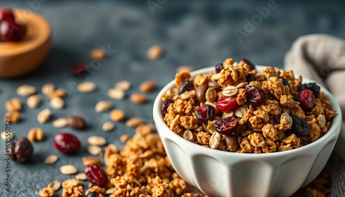 Golden brown homemade granola with cranberries, pumpkin seeds & oats,  food,  winter
