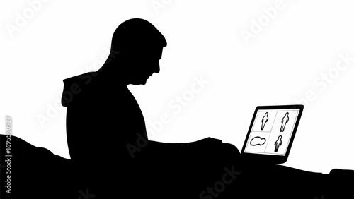Silhouette of a person using a laptop with images of people and a shape on the screen in black and white