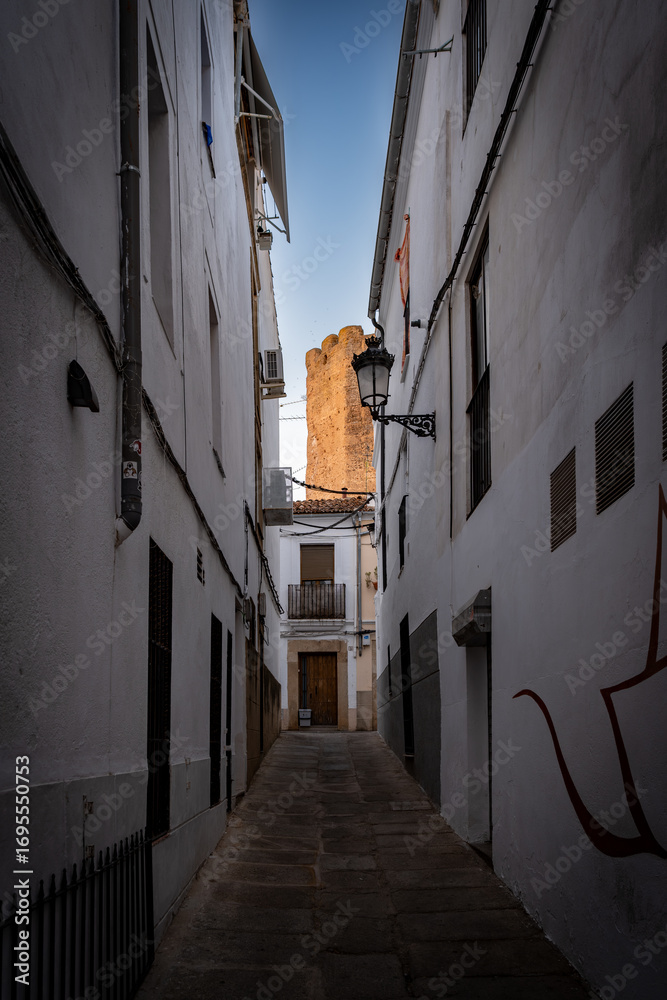 Obraz premium Vista panorámica del casco histórico de la ciudad española de Cáceres con vistas a los tejados de tejas marrones de edificios antiguos alrededor de la plaza principal en el soleado día de verano