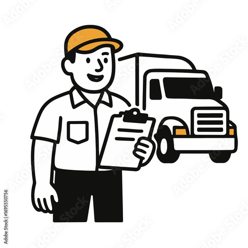Flat vector illustration of truck driver with clipboard and cargo truck. Black line outline style. Isolated logistic, shipping, delivery and transport concept