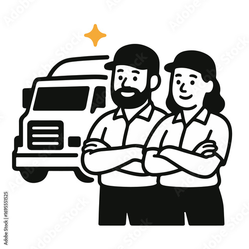 Flat vector illustration of male and female truck drivers standing together with cargo truck. Black line outline style. Isolated logistic, teamwork and transport concept