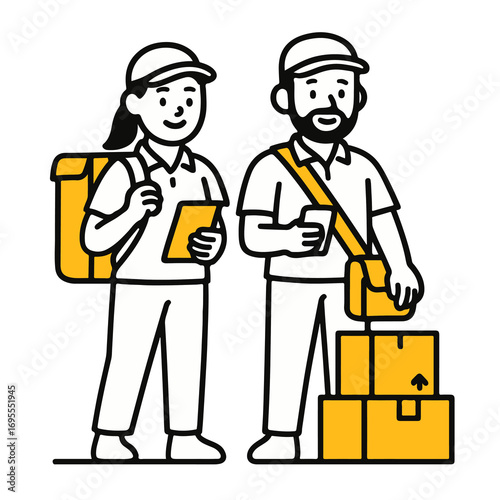 Two couriers with parcels and tablets, delivery team illustration, ecommerce and logistic concept, modern flat vector isolated on white