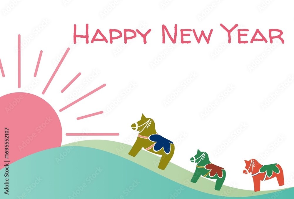 Fototapeta premium 初日の出とダーラヘスト行進年賀状 Happy New Year
