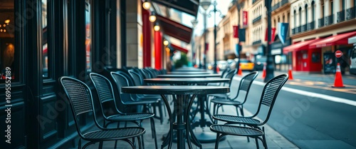 Empty black metal cafe tables and chairs on a city street, summer, metal