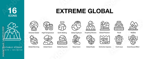 Extreme Global icon set. Includes global, climate, extreme, weather, hot, and More. Editable Stroke Icon Collection.