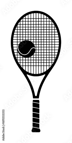 Black and White Silhouette of a Tennis Racket with a Tennis Ball