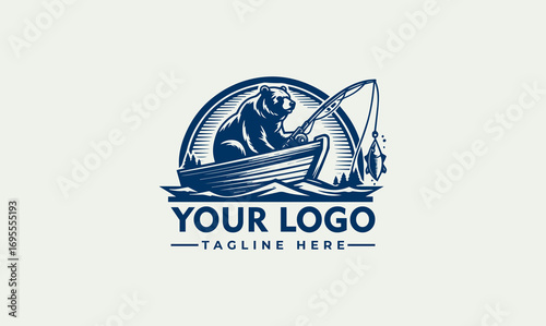 Vintage logo design featuring a bear fishing from a small boat, set within a stylized nautical scene.