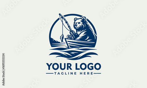 A stylized illustration depicts a bear fishing from a boat in a serene aquatic setting.