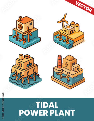 Tidal power plant isometric 3d illustration Detailed 3D Layout of Tidal Power Generation System Featuring Sustainable Energy Conversion and Water Flow Technology for Renewable Power Production