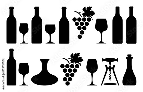 Black Silhouette Icons of Wine Bottles, Glasses, Grapes, and Corkscrew