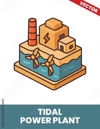 Tidal power plant isometric 3d illustration In-depth 3D Visualization of a Tidal Power Generation Plant with Water-Based Power Systems and Energy Conversion Technology for Clean Energy Production
