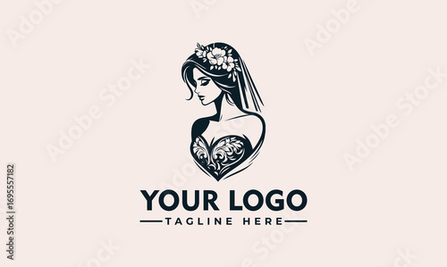 Elegant logo design features a bride wearing a floral headpiece and a detailed bodice.