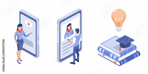Online learning and education concept with digital devices books graduation cap and light bulb for ideas