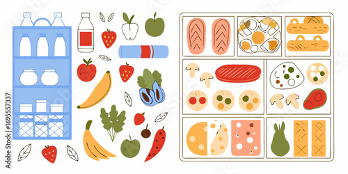 Flat illustration of various food items including fruits vegetables dairy products and meat arranged in a pantry and refrigerator compartments