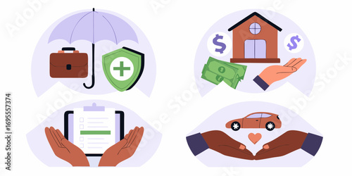 Set of four flat design illustrations representing different types of insurance and financial protection concepts