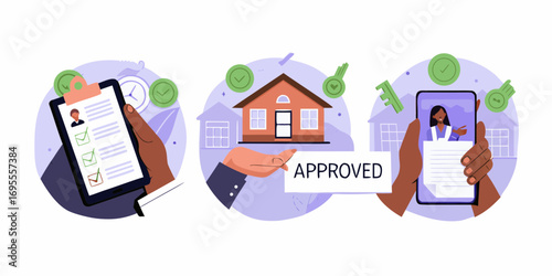Illustration of mortgage approval process showing checklist house keys and online confirmation
