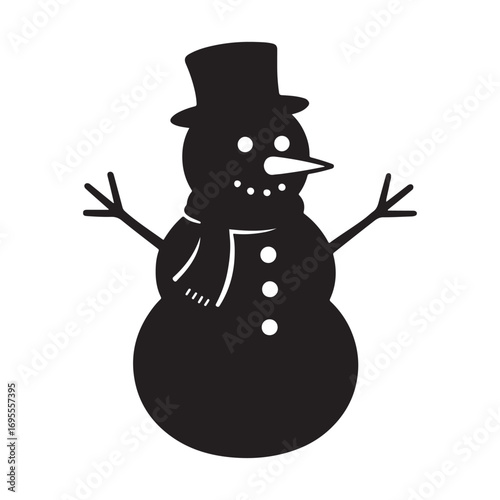 3d black silhouette Christmas snowman vector illustration on white background