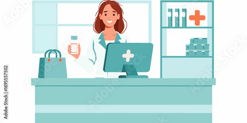 Friendly female pharmacist in white coat holding medication bottle at pharmacy counter with computer and shelves