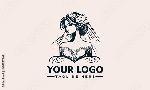 Elegant Black Vector of Beautiful Bride with Floral Crown and Veil