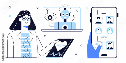 Doctor using technology for healthcare and patient monitoring with ai robot and smartphone interface