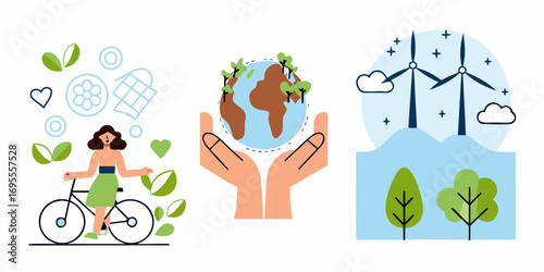 Illustration of environmental protection concepts including cycling caring for the earth and renewable energy