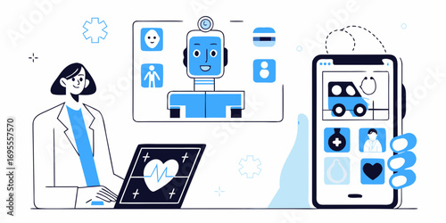 Doctor using technology for remote healthcare consultation with ai robot and mobile app