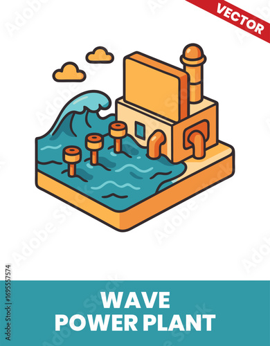 Wave power plant isometric 3d illustration In-depth 3D Visualization of a Wave Power Plant with Water Wave Technology, Energy Conversion, and Clean Renewable Energy Solutions