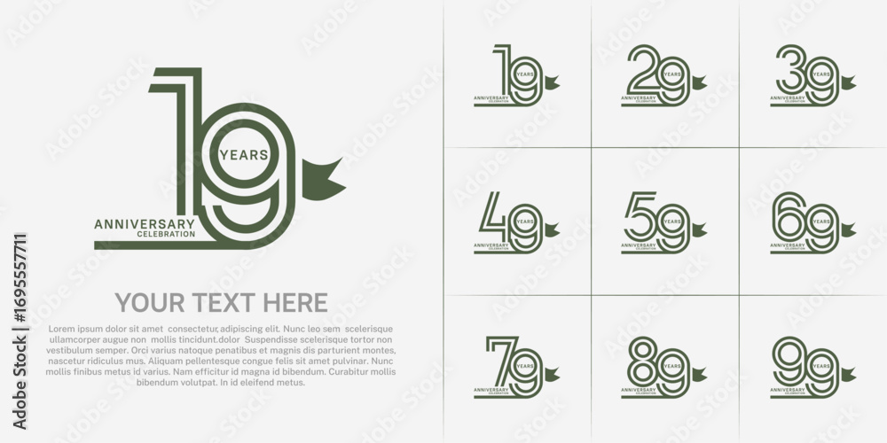 Obraz premium Anniversary logo style double line number set with ribbon. green color on white background for celebration event