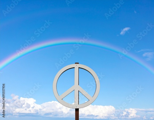 A white peace sign stands proudly against a vibrant blue sky with a beautiful rainbow arching overhead, symbolizing hope and tranquility