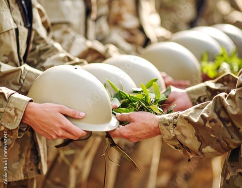 Soldiers hold helmets with green leaves, symbolizing peace and remembrance after conflict