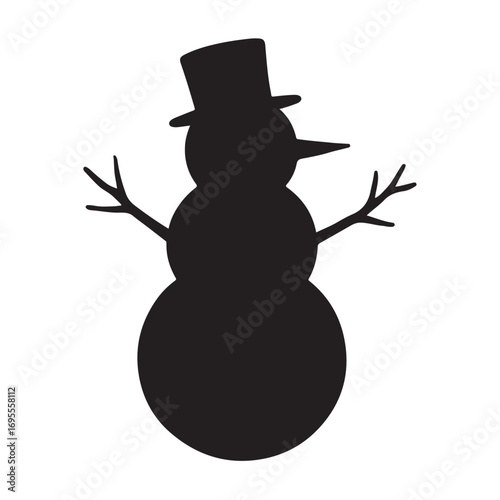 3d black silhouette Christmas snowman vector illustration on white background