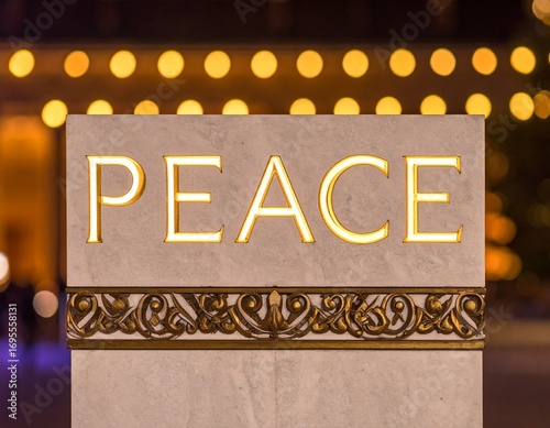Illuminated stone monument displaying the word PEACE with intricate decorative border and blurred bokeh lights in background
