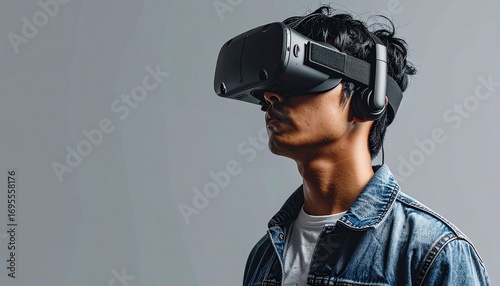 Asian man using virtual reality headset. Isolated on gray background studio portrait. VR, future, gadgets, technology, online education, studying, video game concept. Detailed high quality image.