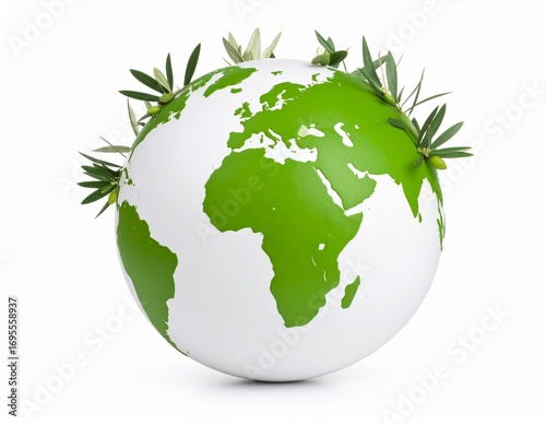 A bright green globe covered in green leaves, symbolizing ecological awareness and environmental protection for a sustainable future