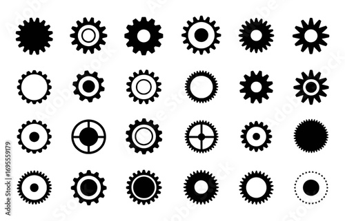 Collection of Black and White Gear Icons on a White Background