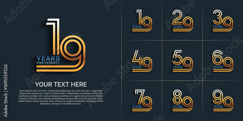 Anniversary logo style double line number set. golden and blue color on black background for celebration event