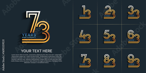 Anniversary logo style double line number set. golden and blue color on black background for celebration event