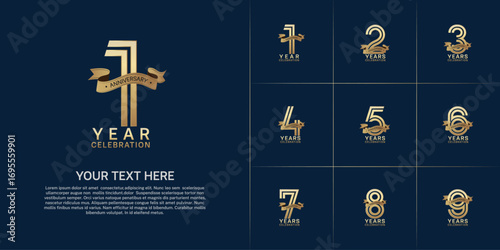 Anniversary logo style double line number set. gold color with golden ribbon for celebration event