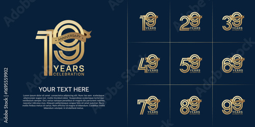 Anniversary logo style double line number set. gold color with golden ribbon for celebration event